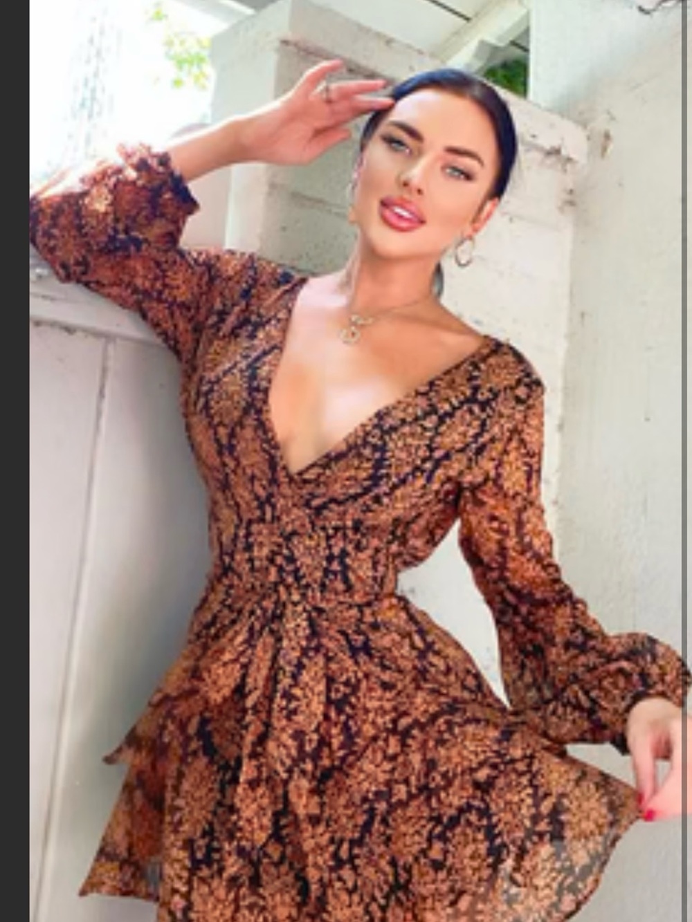 Floral Brown V-Neck Wrap Dress